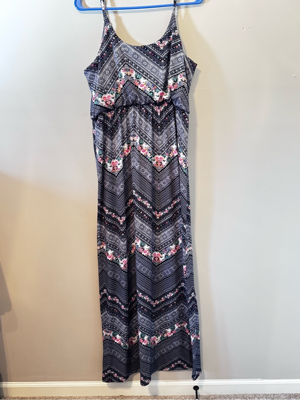 Maurices Navy Chevron Maxi Dress with Pink Floral Accents
